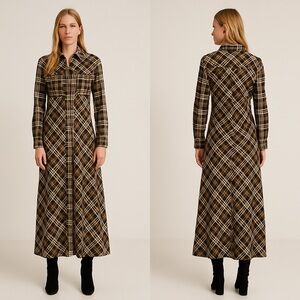 ZARA WOMAN FW24 Khaki Plaid Shirt Dress – Brown/Black – Midi – XS – NWT (Flaw)